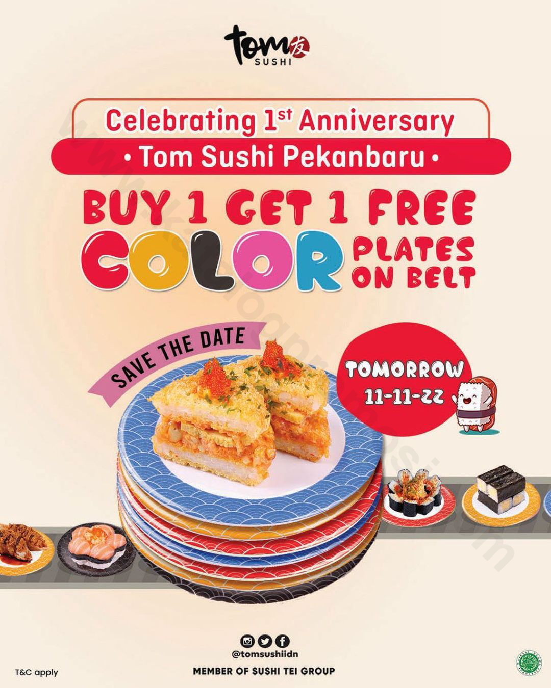 TOM SUSHI Pekanbaru 1st Anniversary Promo Buy 1 Get 1 Free Color Plate*