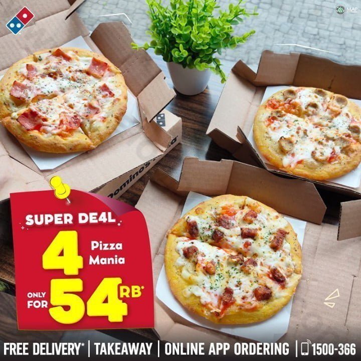 Promo DOMINO'S PIZZA TERBARU BELI 4 Pizza Mania cuma Rp. 54ribuan