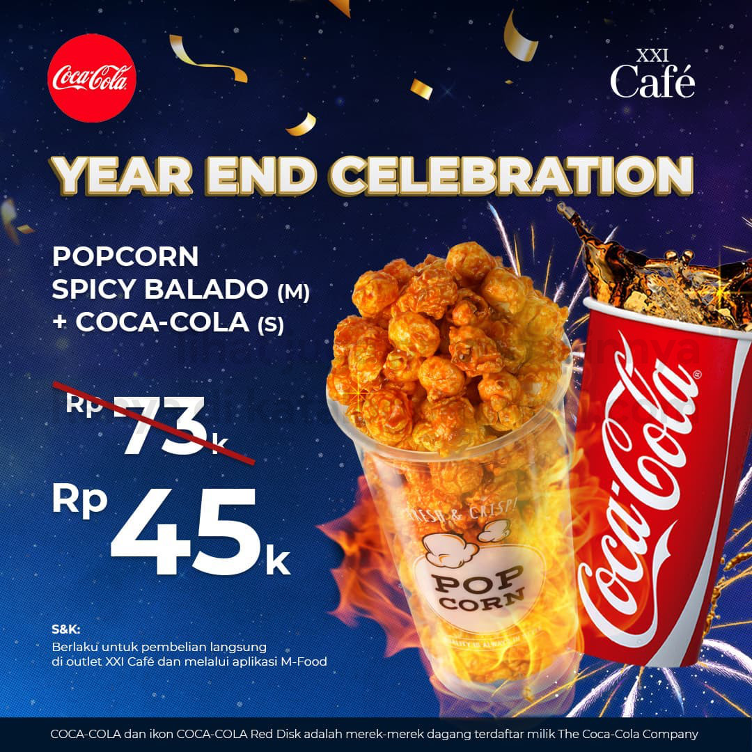Promo XXI CAFE M.Food Year End Celebration - Popcorn Balado Medium + Coca Cola Small Special price : Rp 45.000 