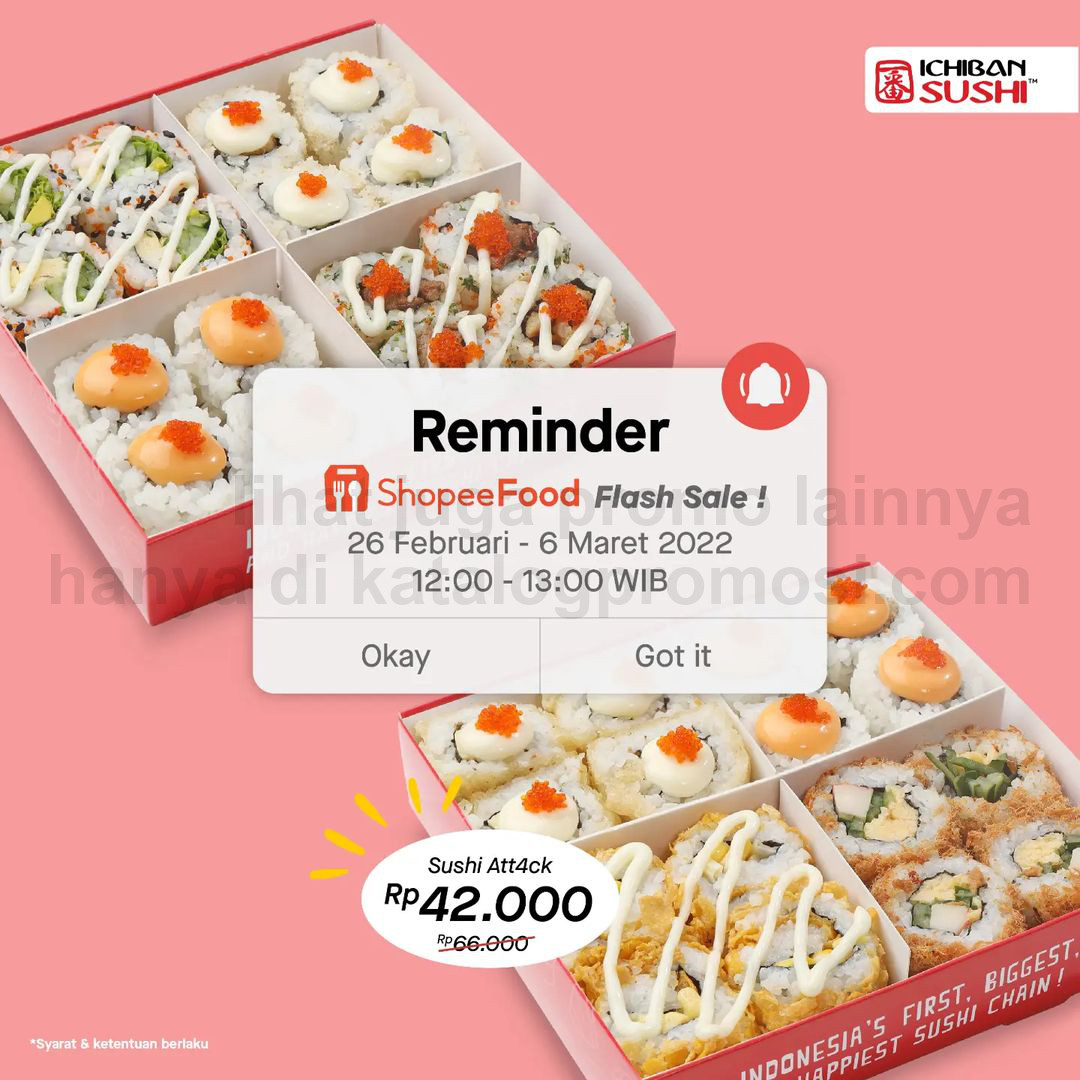 Promo ICHIBAN SUSHI SHOPEEFOOD FLASH SALE - Harga Spesial Sushi Att4ck cuma Rp 42.000