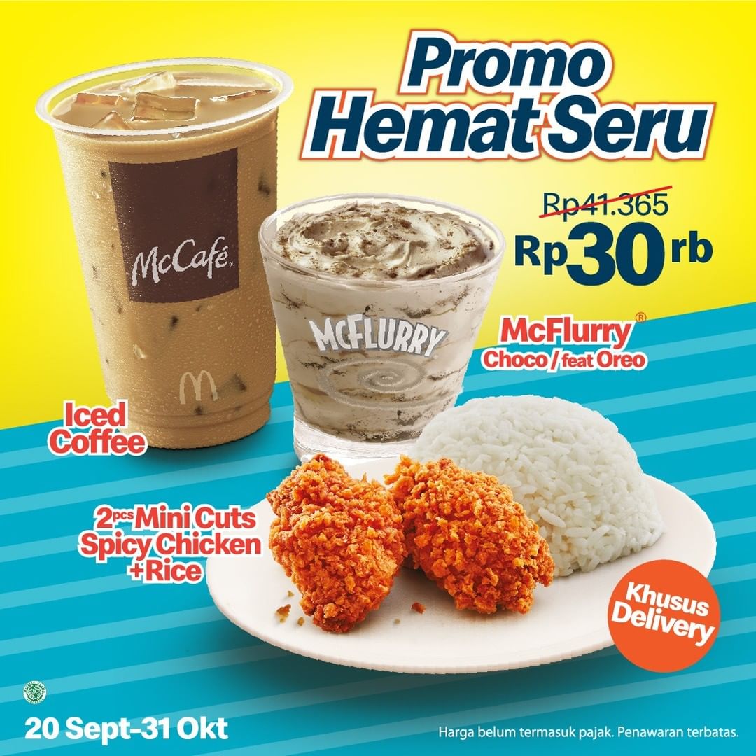 Promo MCDONALDS HEMAT dan SERU - PAKET LENGKAP Mini Cuts Spicy Chicken + Nasi + Iced Coffee dan juga McFlurry Choco cuma Rp. 30.000