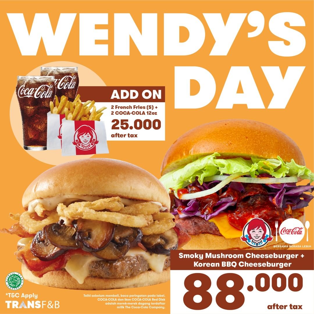 WENDYS Promo Wendy's Day - 1 Mushroom Cheese Burger + 1 Korean BBQ Cheese Burger hanya Rp. 88RIBUAN