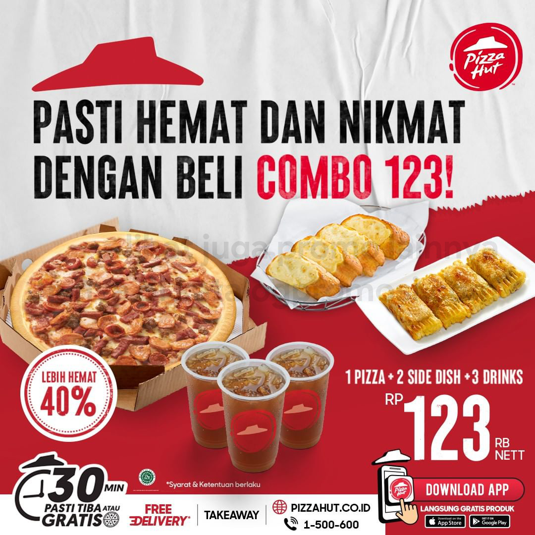 Promo PIZZA HUT COMBO 123! Paket 1 Pan Regular Pizza, 2 Side Dish, dan 3 Minuman cuma Rp. 123.000