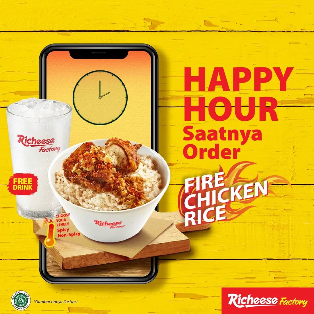 RICHEESE FACTORY Promo Happy Hour - ORDER FIRE CHICKEN RICE + FREE DRINK!