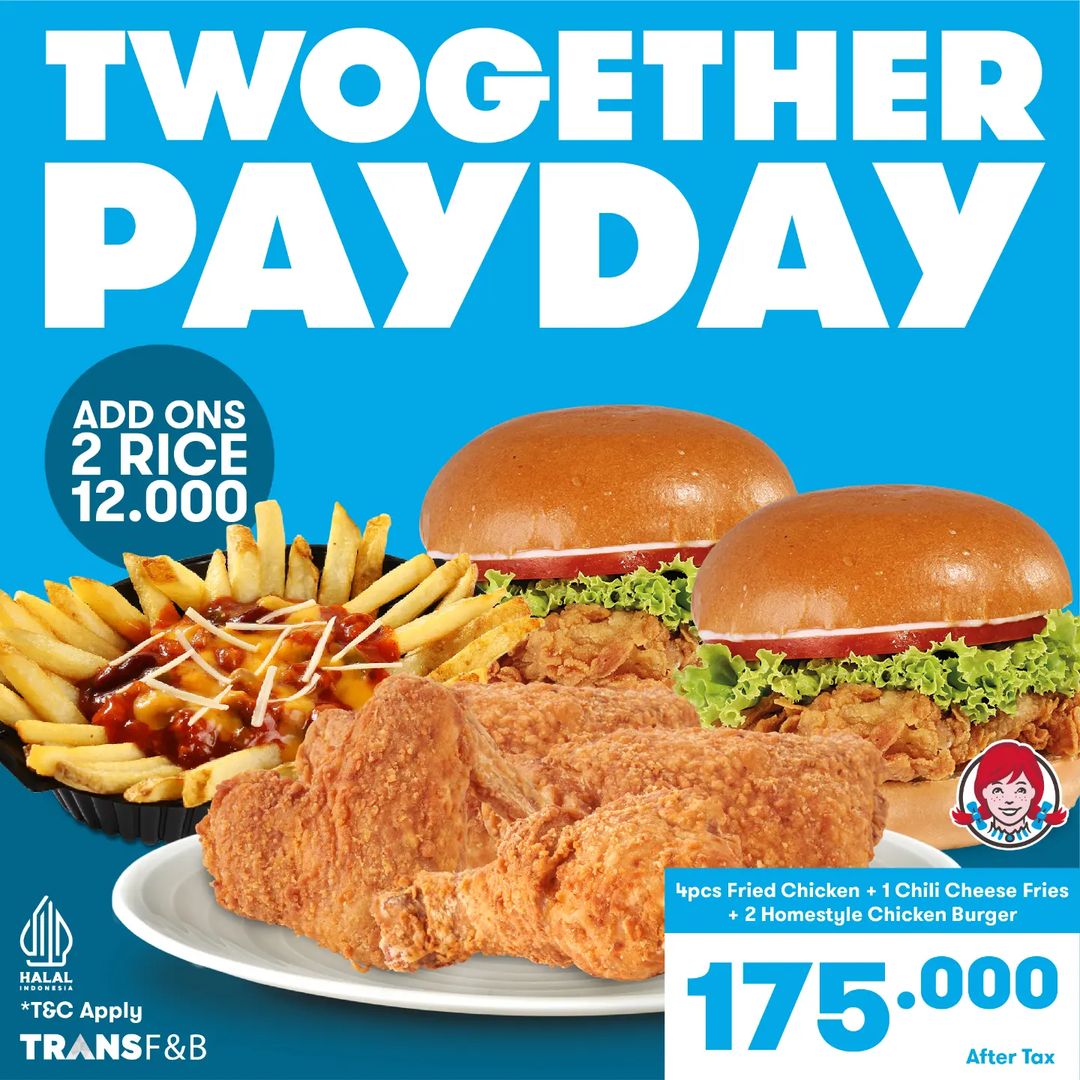 Promo WENDYS Twogether Payday!!  Paket Spesial Payday - Paket Menu Favorit Pilihan untuk Rame-Rame Harga Mulai Dari Rp 175.000
