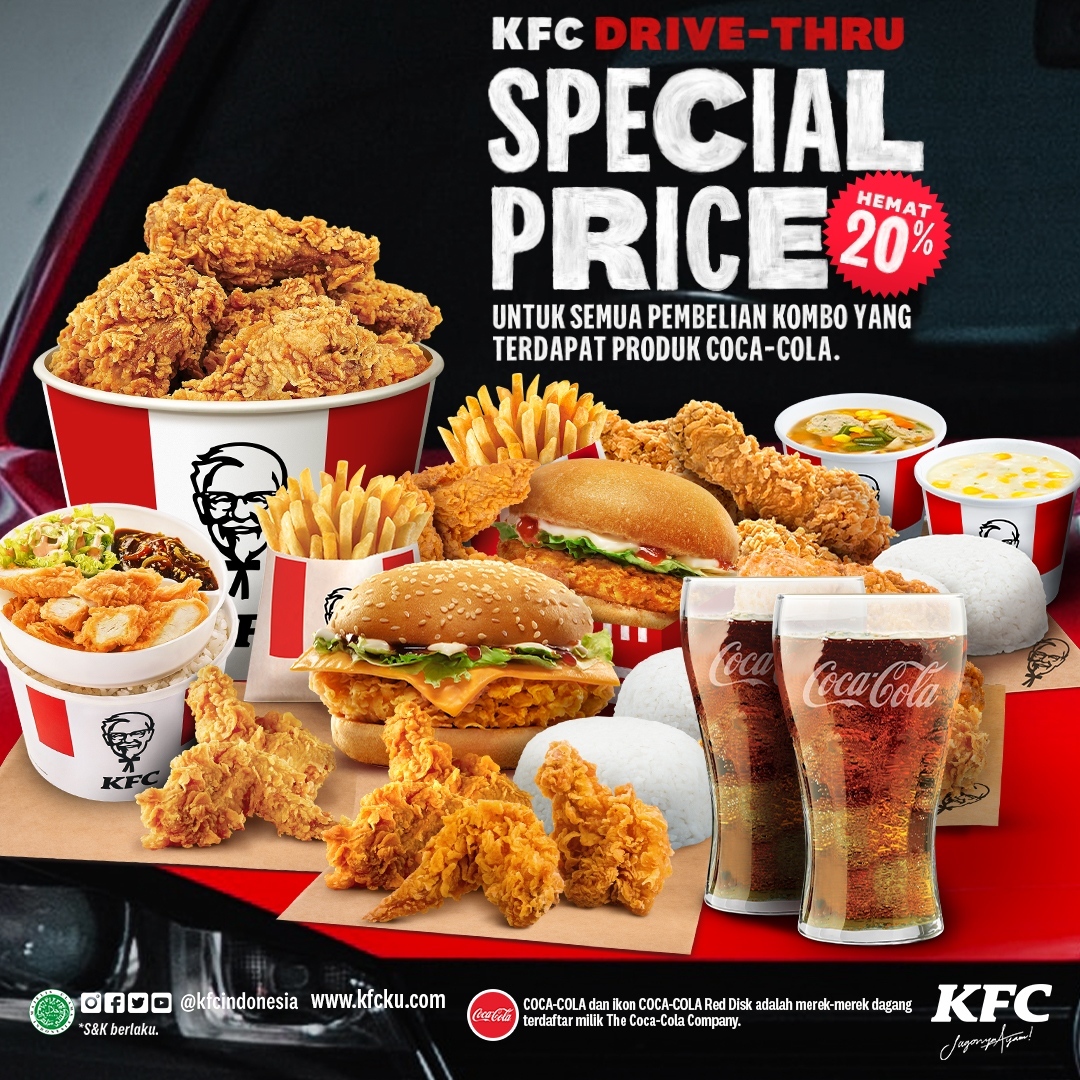 Promo KFC DISKON 20% untuk setiap pembelian menu KOMBO dengan Coca-Cola via KFC DRIVE-THRU