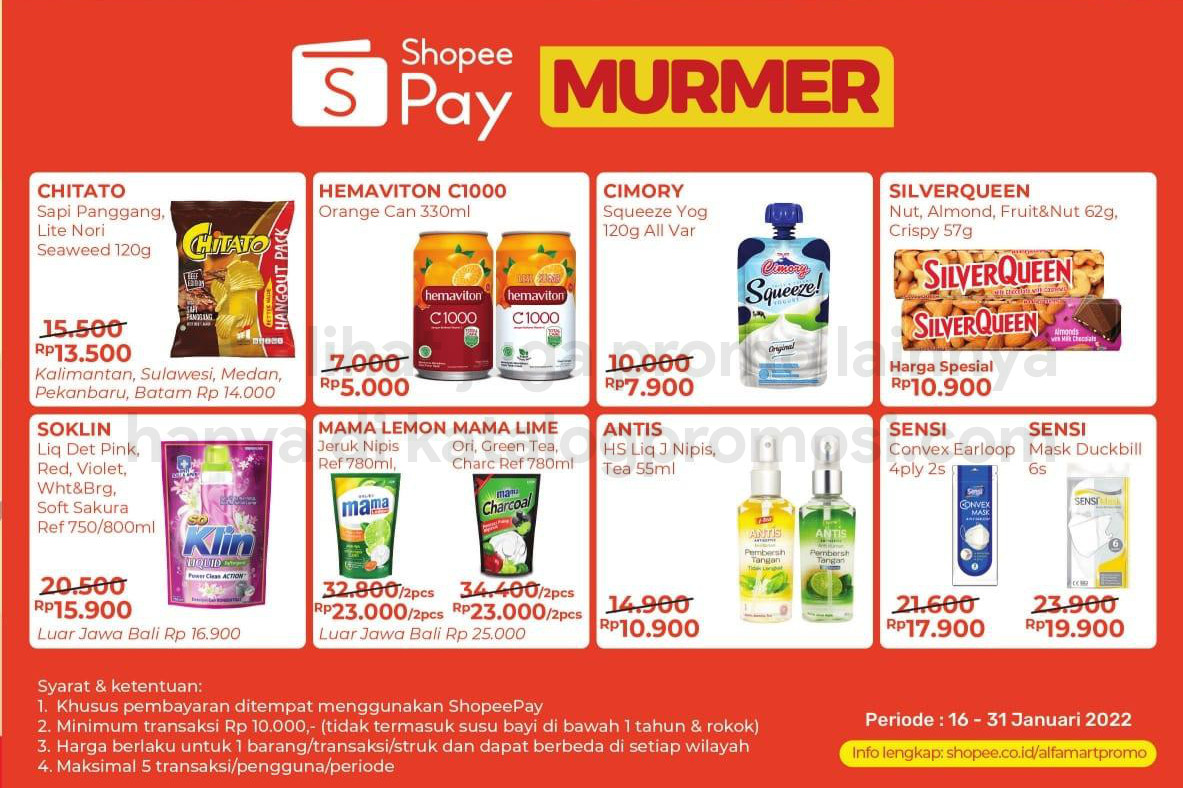 ALFAMART Promo SHOPEEPAY MURMER! Belanja pakai ShopeePay dapat Ekstra Potongan berlaku untuk periode 16-31 Januari 2022