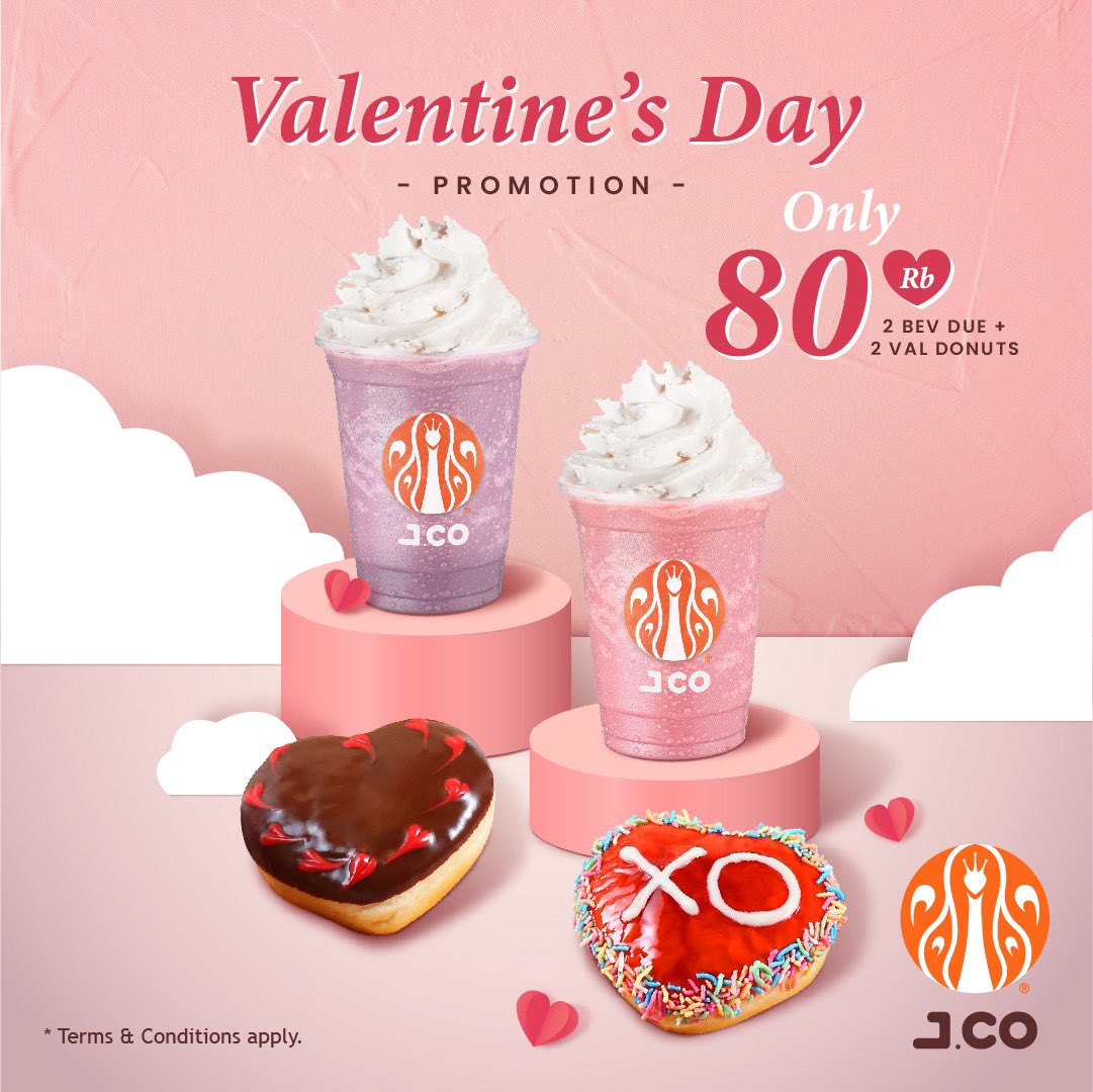 Promo JCO SPESIAL VALENTINE - BELI 2 Beverages dan 2 donuts Valentine hanya Rp80 ribu saja berlaku tanggal 14-15 Februari 2022