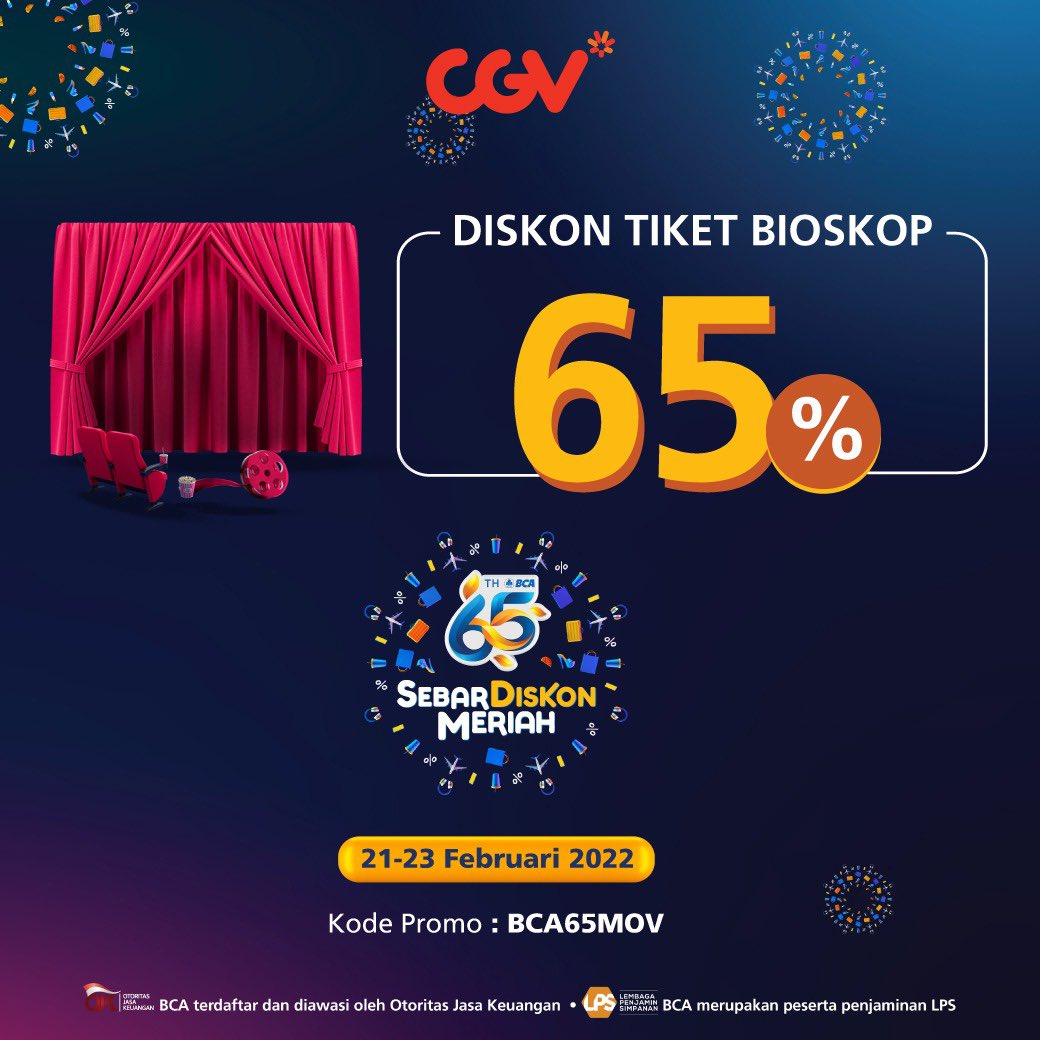 Promo CGV CINEMA HUT BCA 65 - DISKON 65% dengan BCA MOBILE berlaku tanggal 21-23 Februari 2022