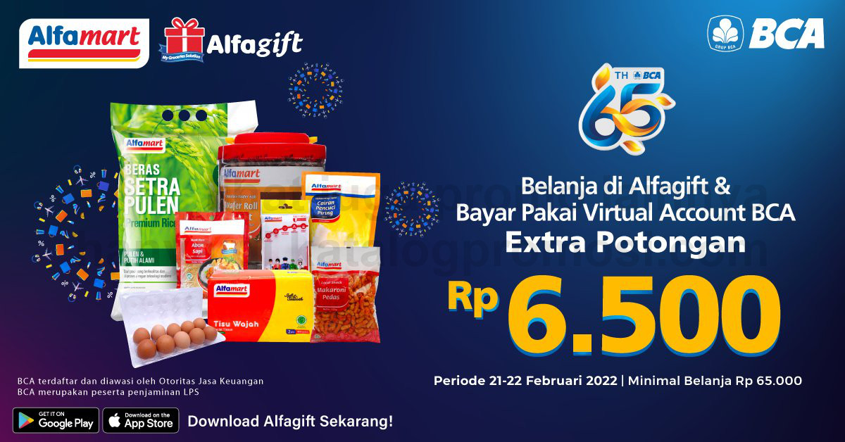 Promo ALFAMART HUT BCA 65 - EXTRA POTONGAN Rp 6.500 untuk transaksi di ALFAGIFT