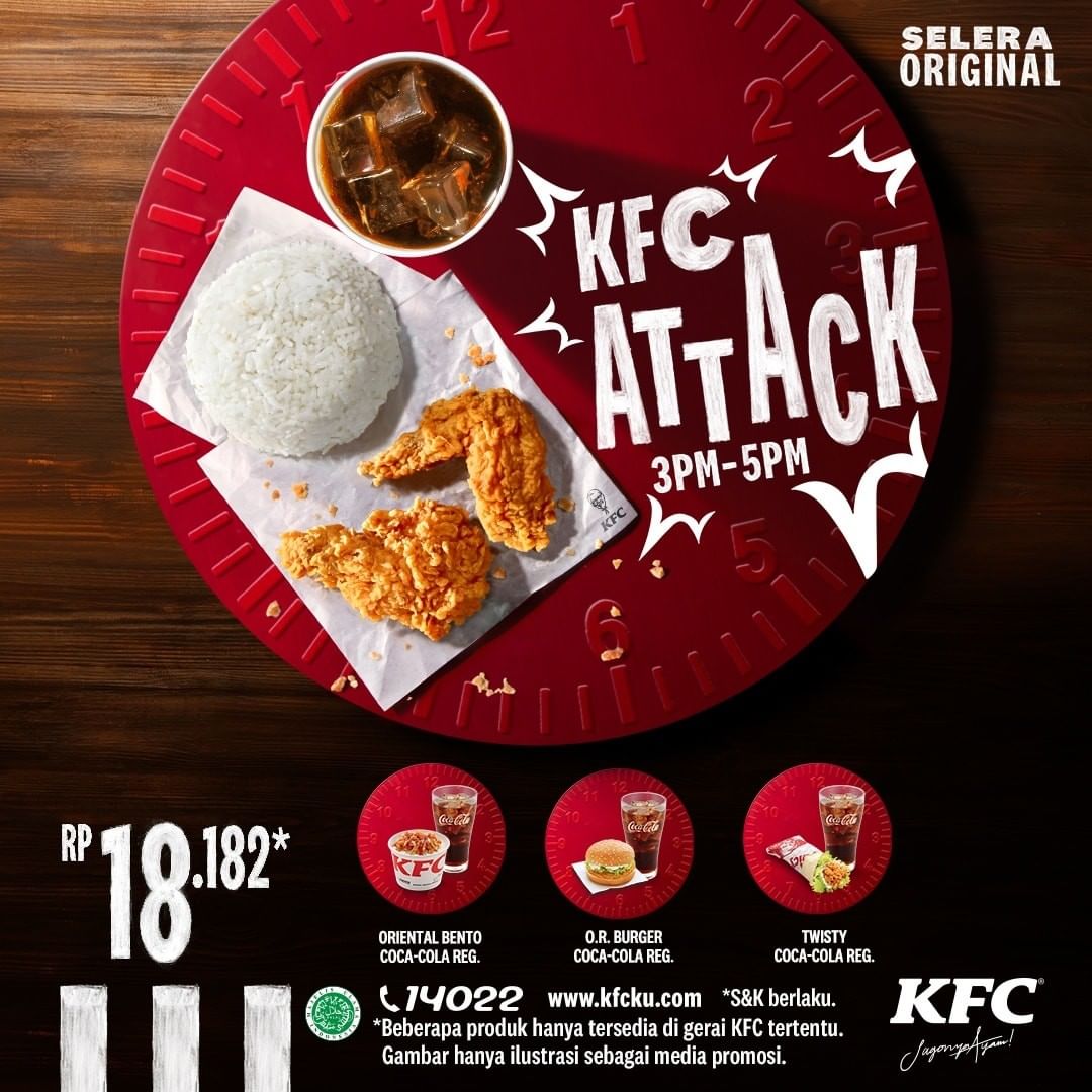 Promo KFC ATTACK - HARGA SPESIAL mulai Rp. 18.182 per menu sudah termasuk minum, tersedia setiap hari Senin-Jumat jam 3-5 sore
