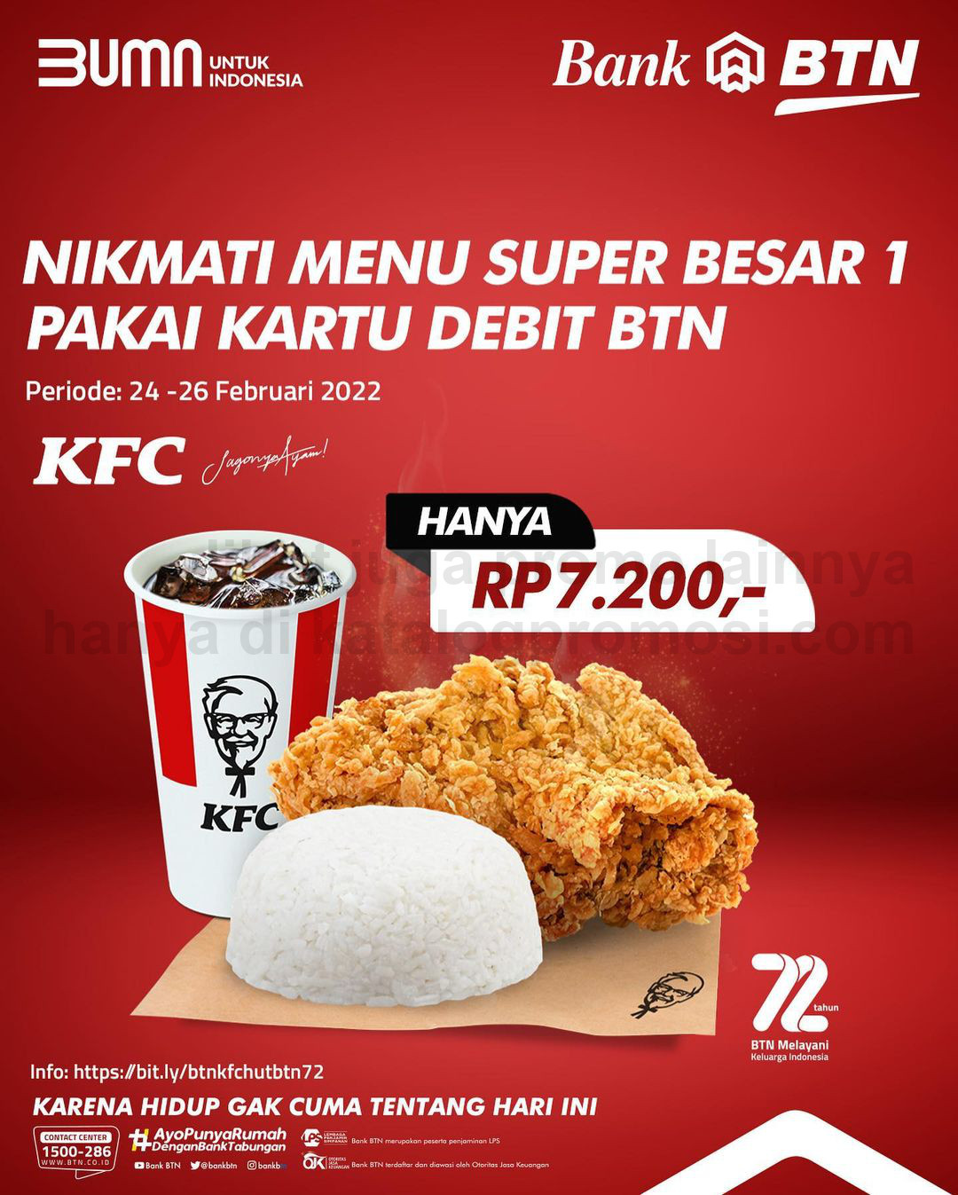 Promo KFC HUT BTN 72 - Beli PAKET Super Besar 1 hanya Rp. 7.200 dengan Kartu Debit BTN Visa Dan GPN 