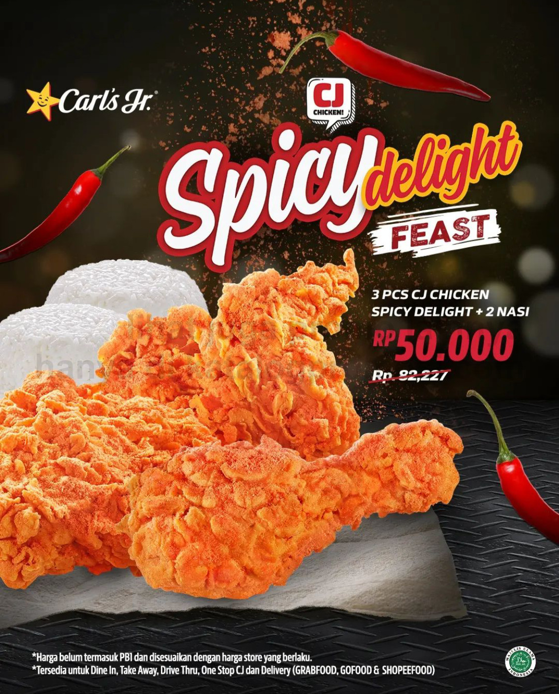 Promo CARLS JR SPICY DELIGHT FEAST - 3 pcs CJ Chicken Spicy Delight dan 2 Nasi cuma Rp. 50.000