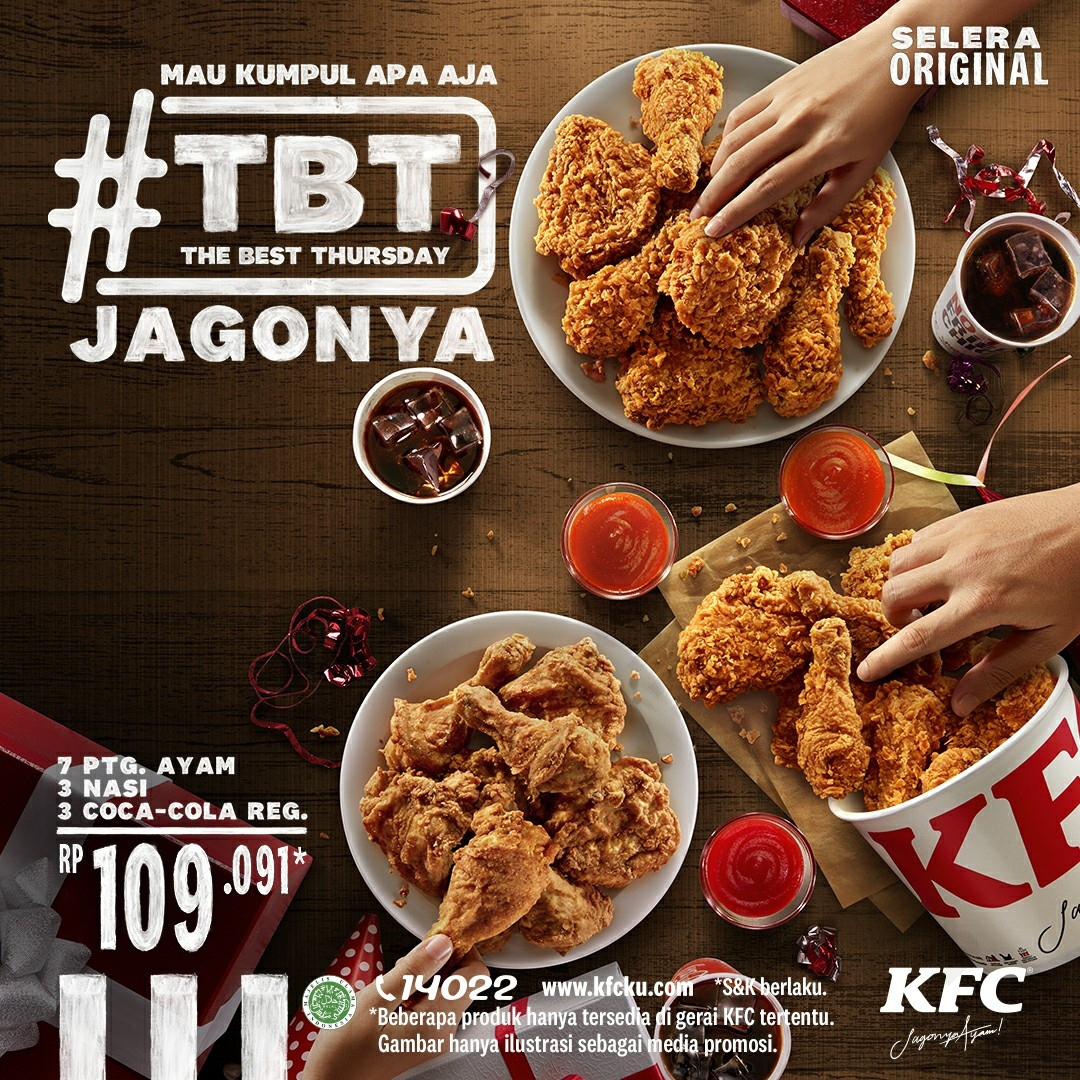 Promo KFC SPESIAL THE BEST THURSDAY - Paket 7 pcs ayam + 3 nasi + 3 Coca-Cola mulai Rp. 109.091