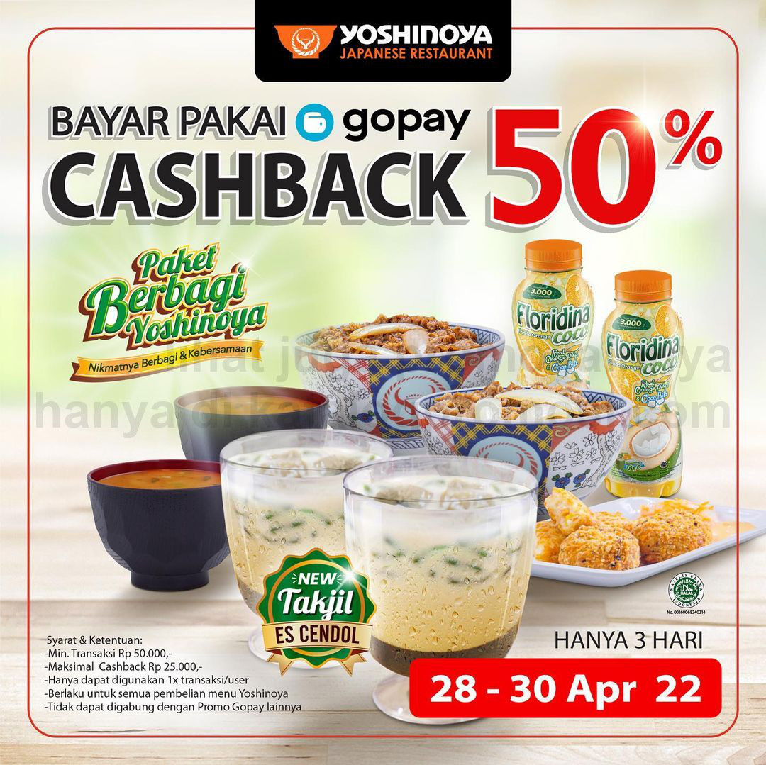 Promo YOSHINOYA CASHBACK 50% untuk transaksi pakai GOPAY berlaku tanggal 28-30 April 2022