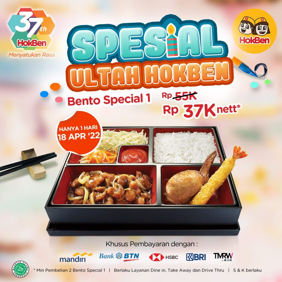 Promo HOKBEN SPESIAL ULANG TAHUN ke 37 - Harga Spesial Bento Spesial 1 cuma Rp. 37.000 berlaku hanya 1 hari, tanggal 18 April 2022