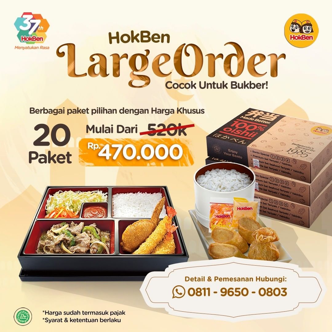 Promo HokBen Large Order! Harga mulai dari Rp. 470k untuk 20 Paket
