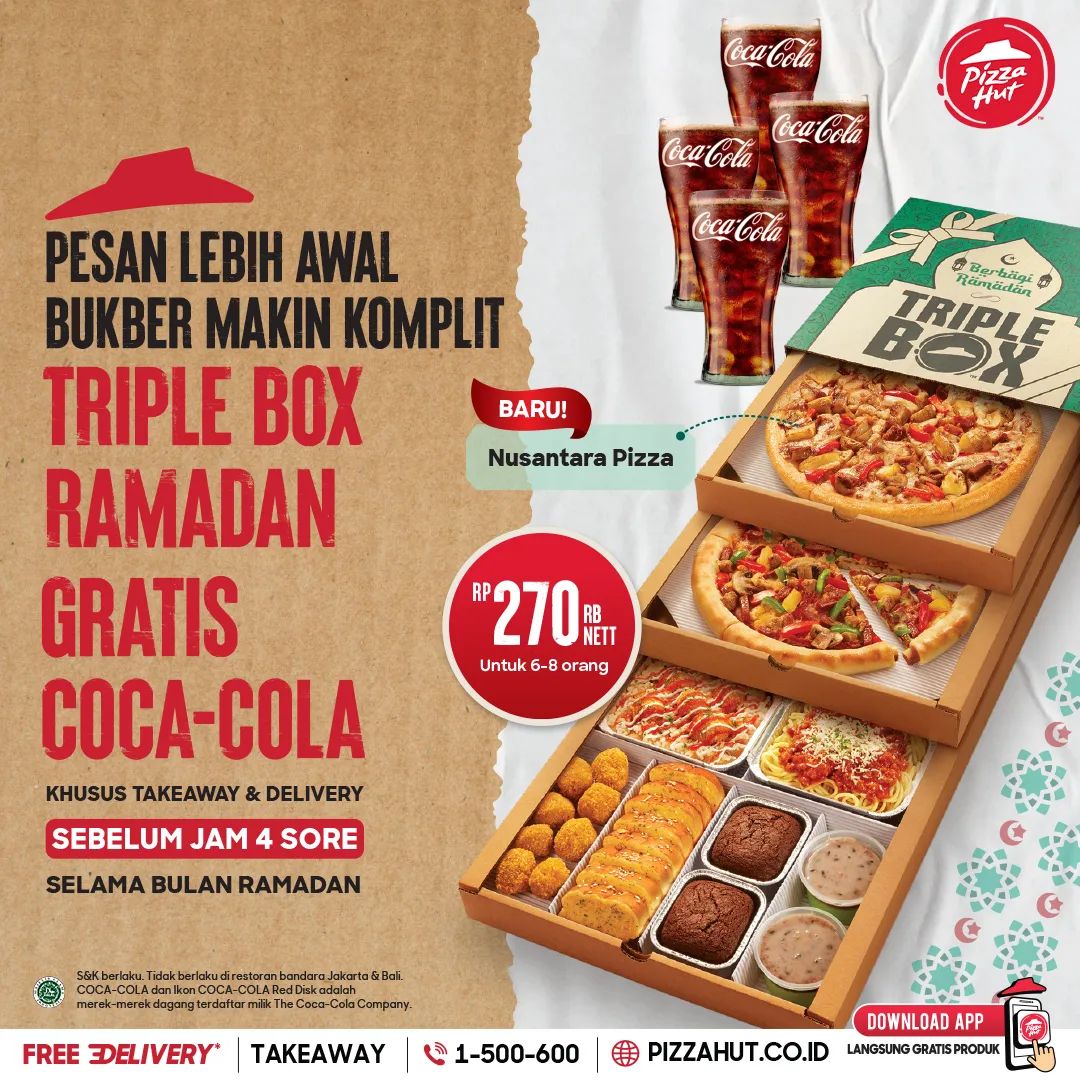 PROMO PIZZA HUT Pesan Triple Box Ramadan sebelum jam 4 sore dan dapetin GRATIS⁣ 1 liter Coca-Cola