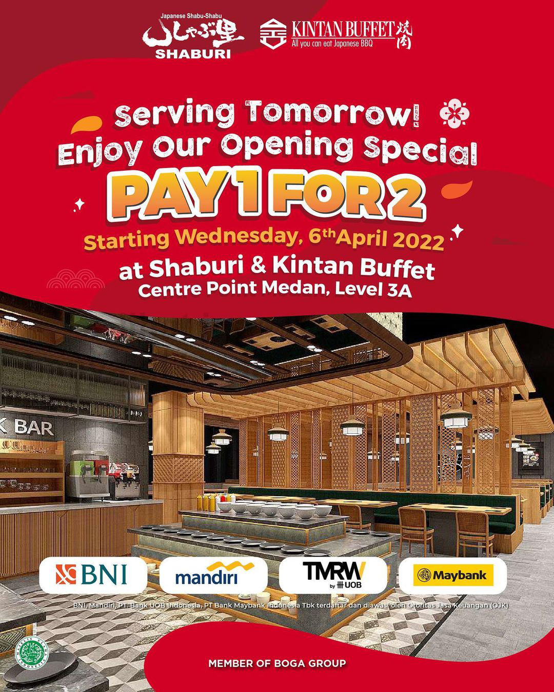 Promo Shaburi & Kintan Buffet Mall Centre Point Medan Opening Promo - PAY 1 FOR 2 dengan KARTU KREDIT Partners