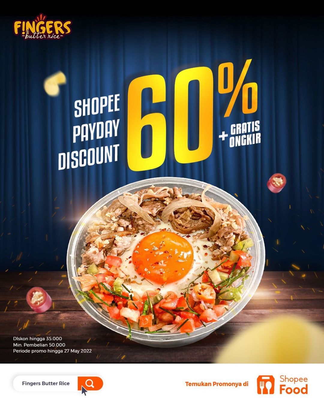 Promo Finger Butter Rice DISKON 60% (s/d 35ribu) + GRATIS ONGKIR dengan SHOPEEFOOD