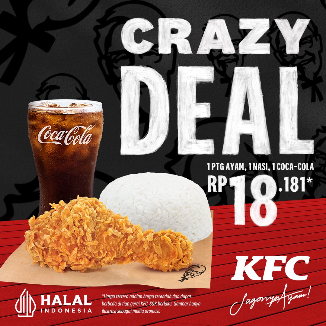 Promo KFC CRAZY DEAL - PAKET 1 Ayam, 1 Nasi, dan 1 Coca-Cola cuma Rp. 18.181