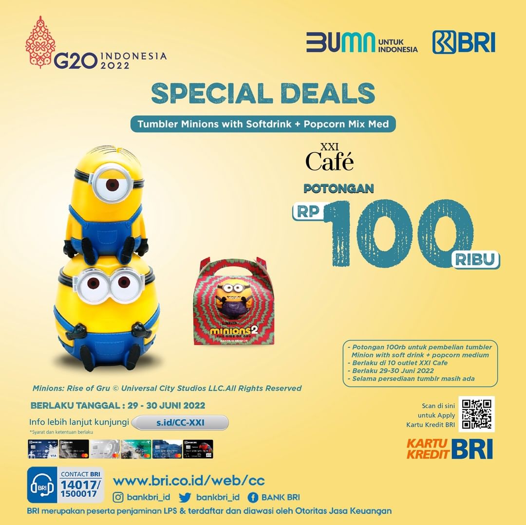 Promo CINEMA XXI Special Deals Diskon Rp. 100ribu untuk Tumbler Minions Rise of Gru Package dengan Kartu Kredit BRI