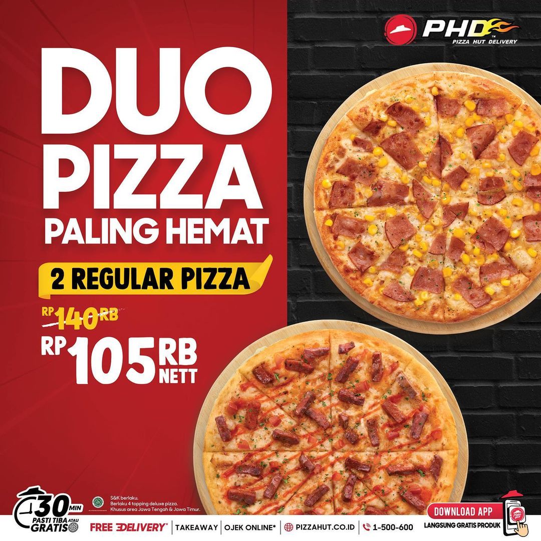 Promo PHD PAKET DUO PIZZA HEMAT - 2 Regular Pizza cuma Rp. 105.000