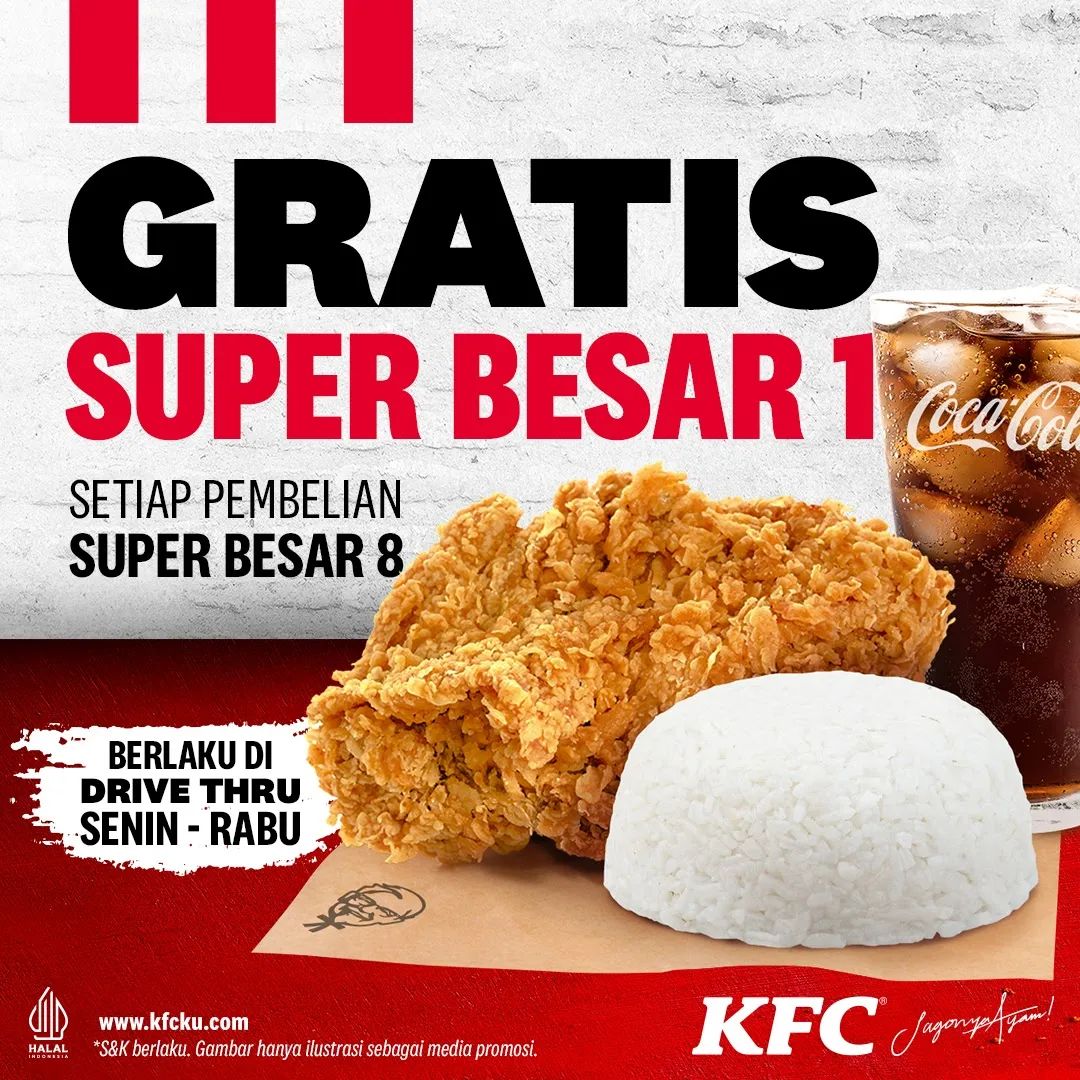 Promo KFC SPECIAL DRIVE THRU - GRATIS PAKET SUPER BESAR 1 setiap hari Senin-Rabu mulai 1 Februari 2023 - 29 Maret 2023.