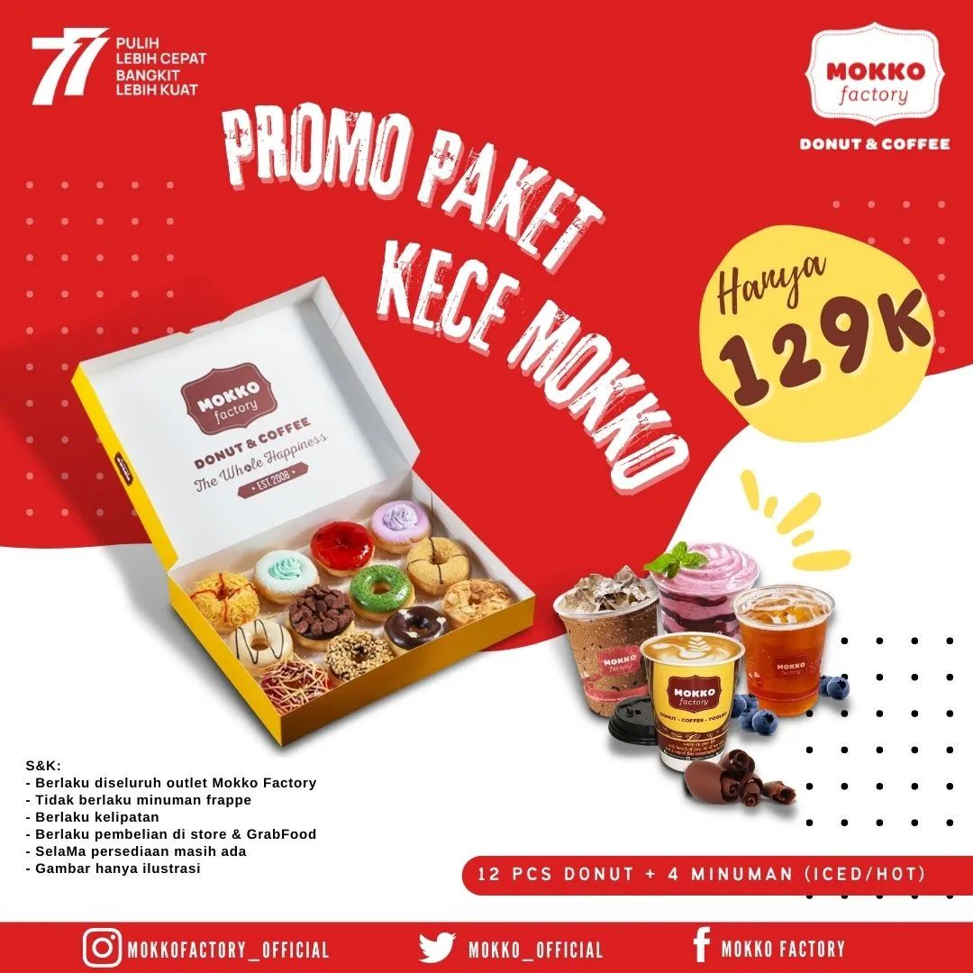 MOKKO FACTORY Promo PAKET KECE MOKKO - Paket 12pcs Donut + 4 Minuman cuma Rp 129.000