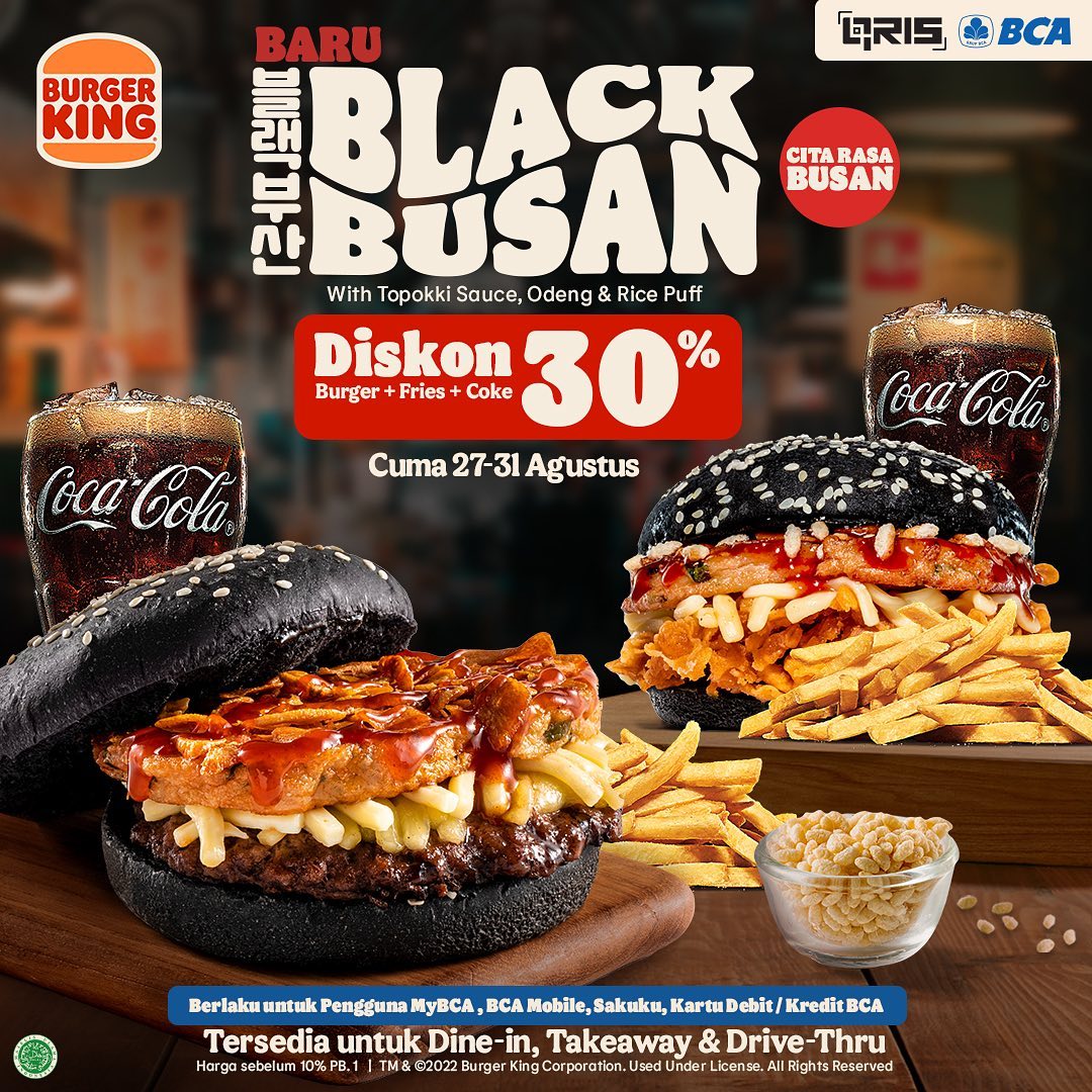 Promo BURGER KING Diskon 30% buat Paket Black Busan dengan QRIS / Kartu BCA