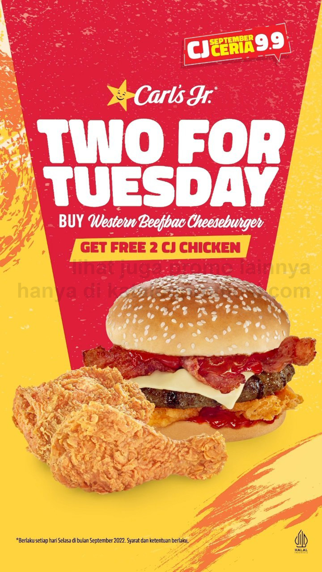 Promo CARLS JR Two For Tuesday - GRATIS 2 CJ Chicken setiap pesan Western Beefbac Cheeseburger.