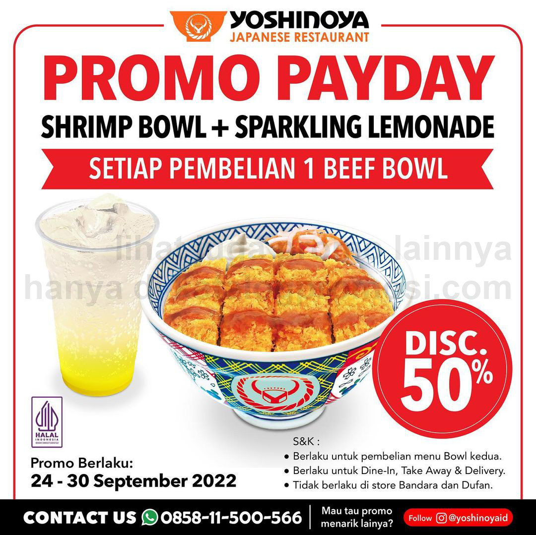 Promo YOSHINOYA PAYDAY - DISKON 50% untuk menu SHRIMP BOWL + SPARKLING LEMONADE 