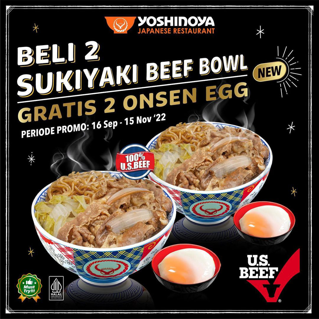 Promo YOSHINOYA GRATIS 2 Onsen Egg setiap pembelian 2 Sukiyaki Beef Bowl!