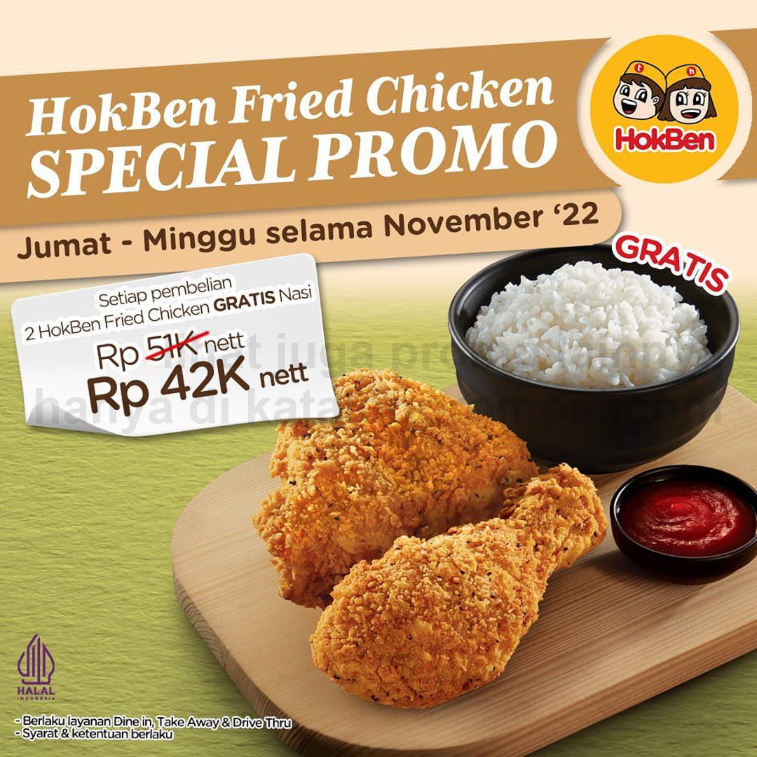 Promo HOKBEN Fried Chicken Special Weekend - HARGA SPESIAL 2 HokBen Fried Chicken + GRATIS Nasi cuma Rp 42.000