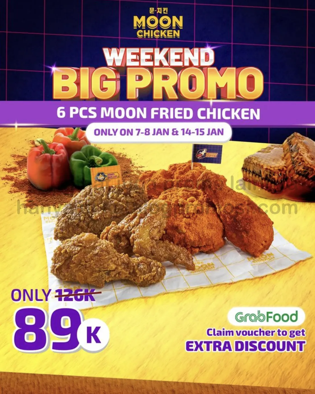 Promo MOON CHICKEN GRABFOOD WEEKEND SPECIAL - 6 pcs Moon Fried Chicken cuma Rp. 89RIBU