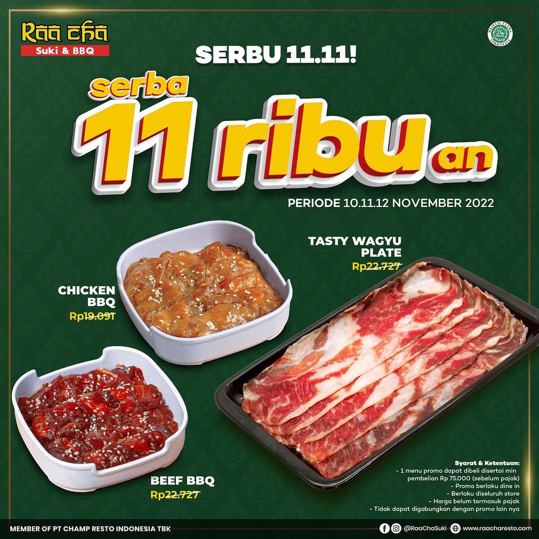Promo RAA CHA SUKI 11.11 SERU - SERBA 11RIBU dan Paket Makan untuk Berdua cuma Rp 100.000*