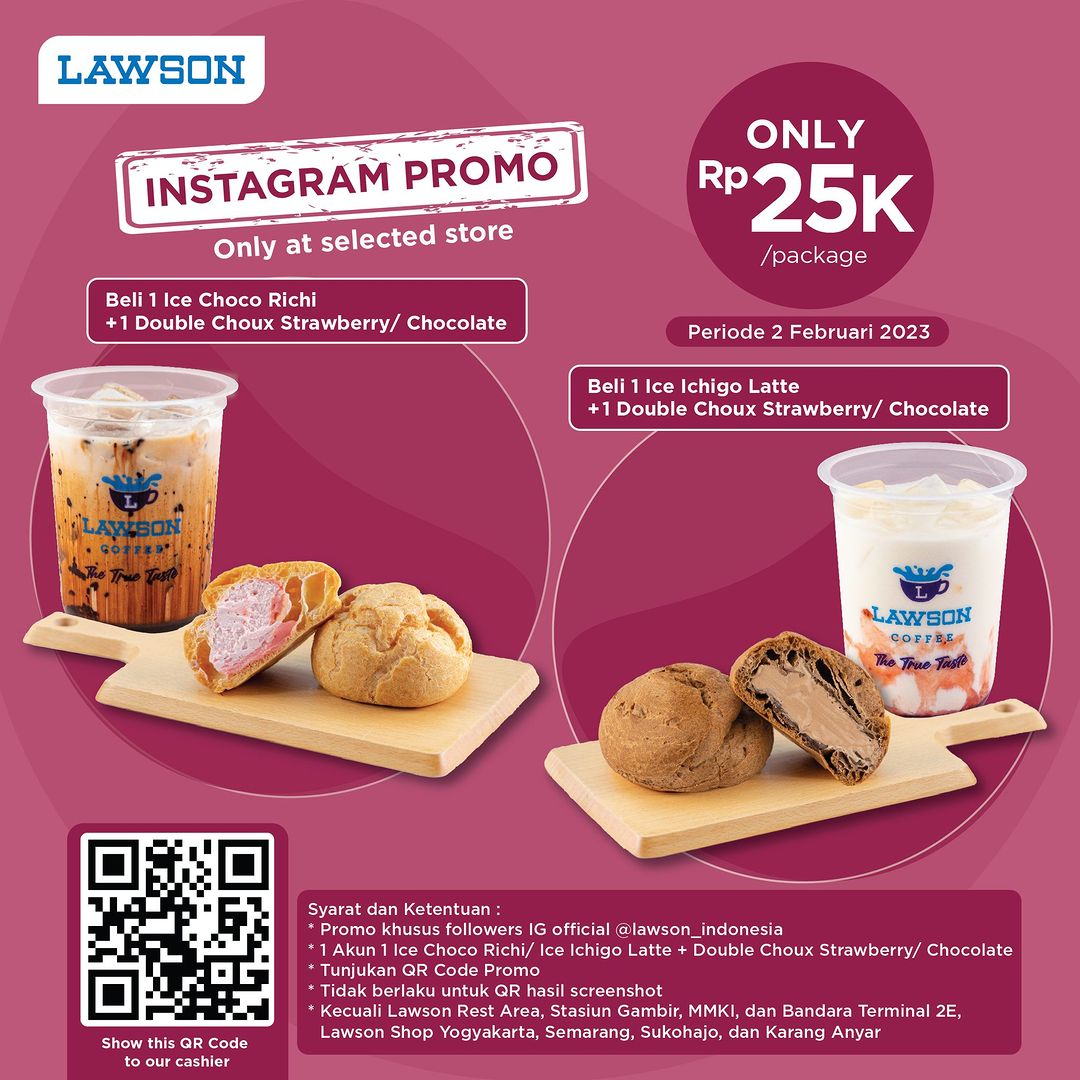 Promo LAWSON INSTAGRAM SPECIAL - Beli 1 Ice Ichigo Latte/Choco Richi + 1 Double Choux Strawberry/Chocolate cuma Rp. 25RIBU