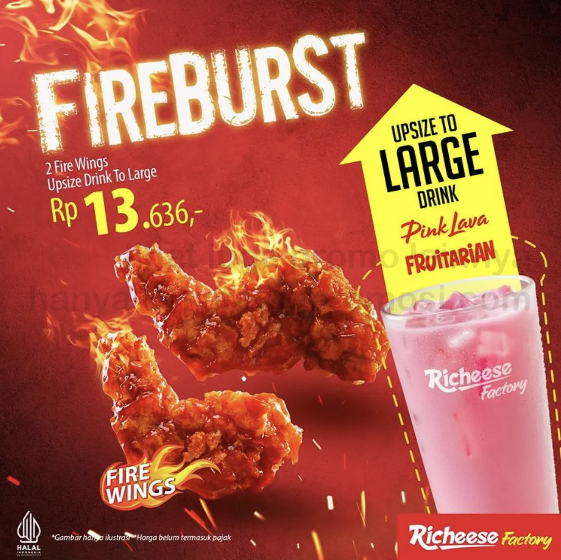 Promo RICHEESE FACTORY - Fire Wings dan Upsize Drink (Pink Lava / Fruitarian) to Large cuma Rp. 13.636