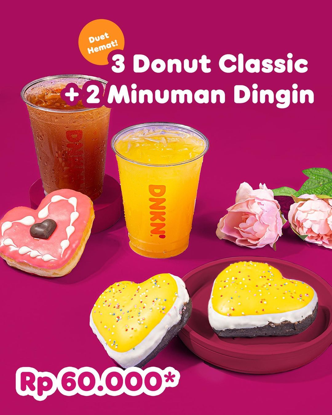 PROMO DUNKIN DUET HEMAT - 3 Donut Classic + 2 minuman dingin cuma Rp. 60.000