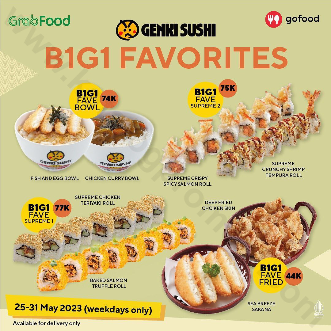 GENKI SUSHI Promo BUY 1 GET 1 FREE Khusus Pemesanan Via GOFOOD Dan GRABFOOD   Genkisushi B1g1 Delivery 25052023 