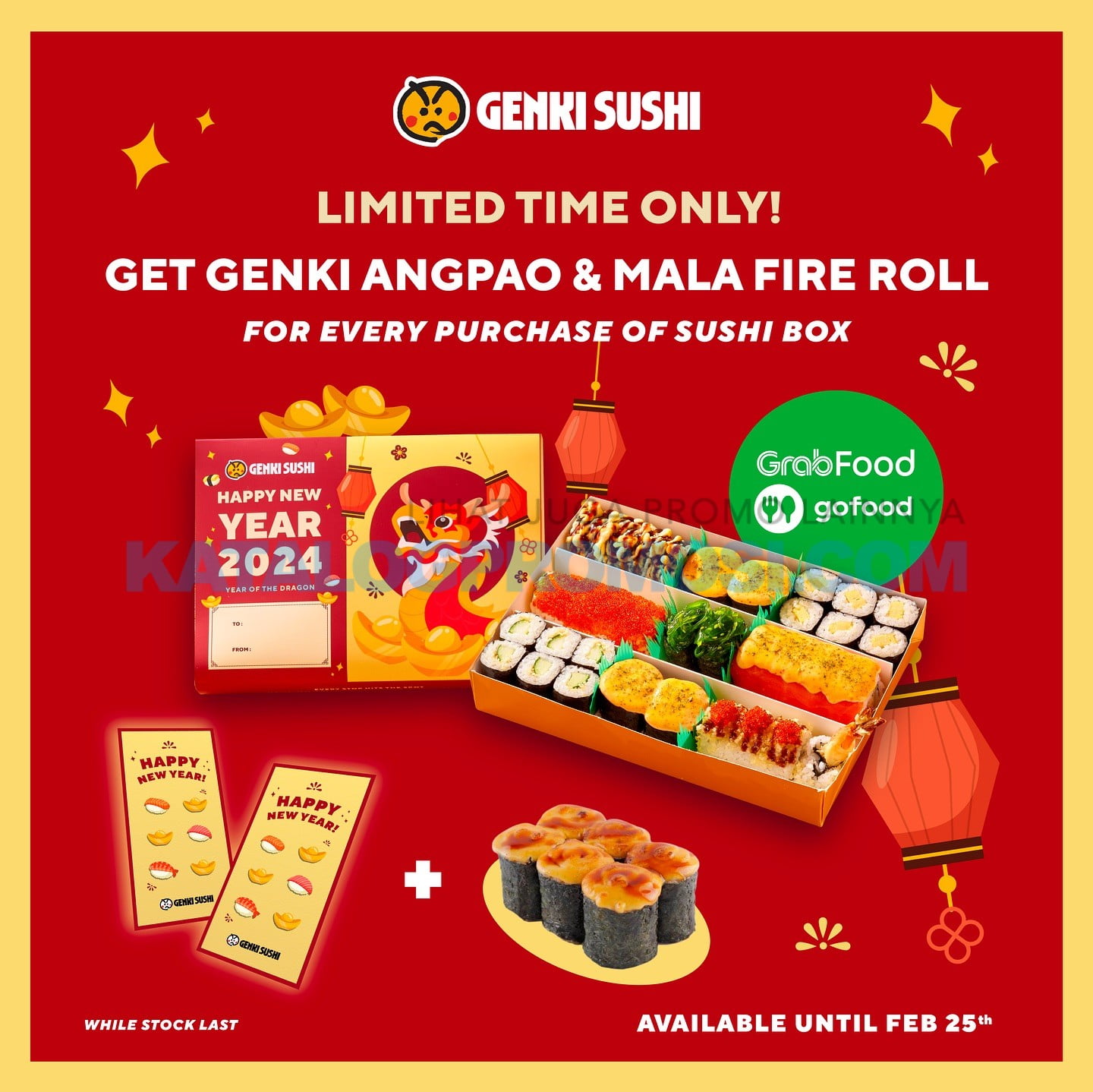 Promo GENKI SUSHI Get Free Angpao + Mala Fire Roll khusus pemesanan via GOFOOD dan GRABFOOD, berlaku sd tanggal 25 Februari 2024