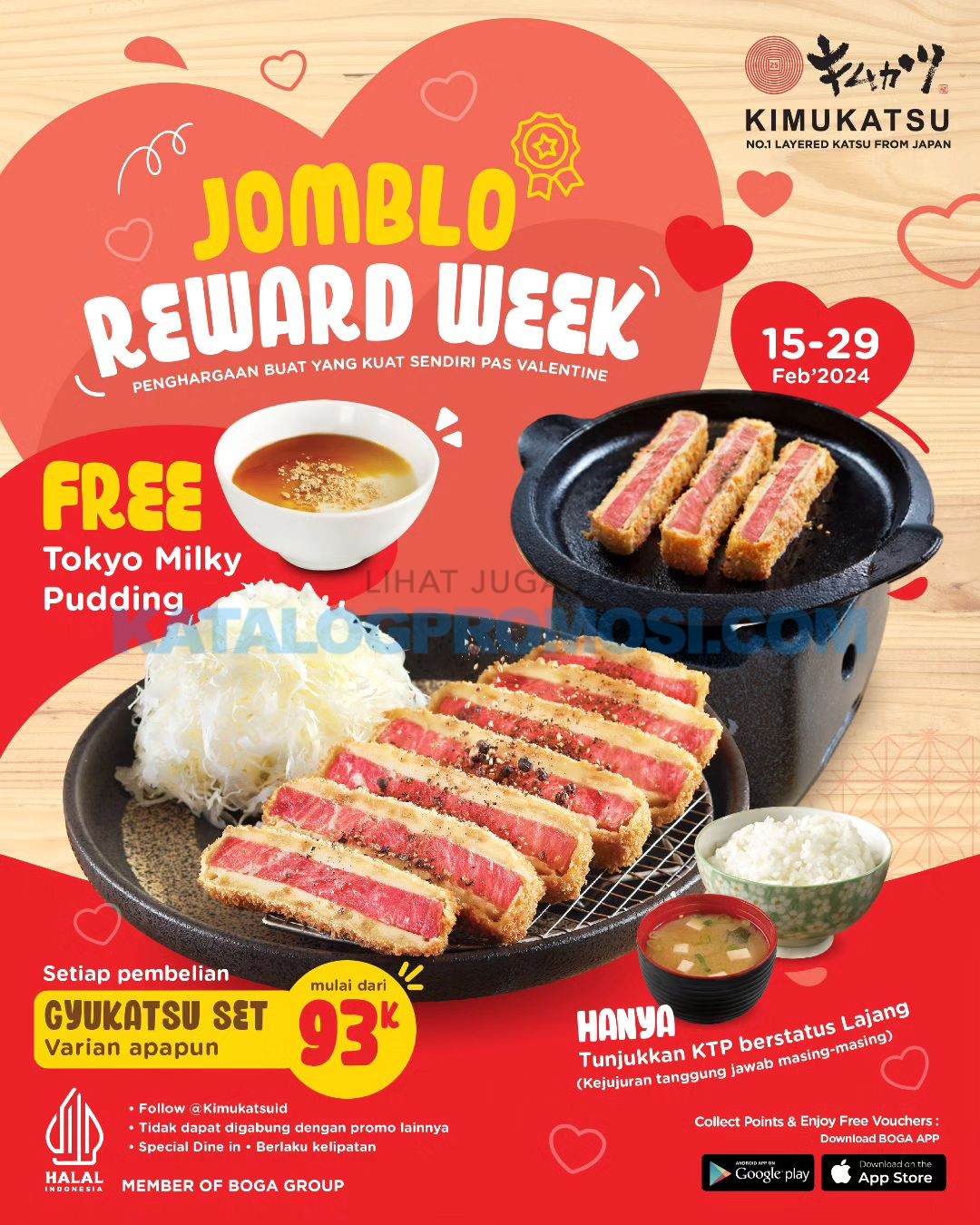 Promo KIMUKATSU JOMBLO WEEK - FREE Tokyo Milky Pudding berlaku tanggal 15-29 Februari 2024
