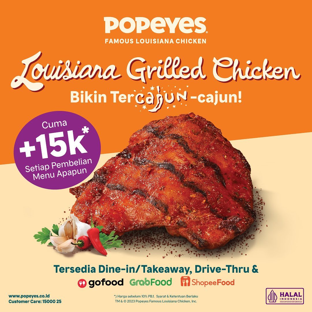 Promo POPEYES TAMBAH RP. 15.000 BISA DAPAT Louisiana Grilled Chicken