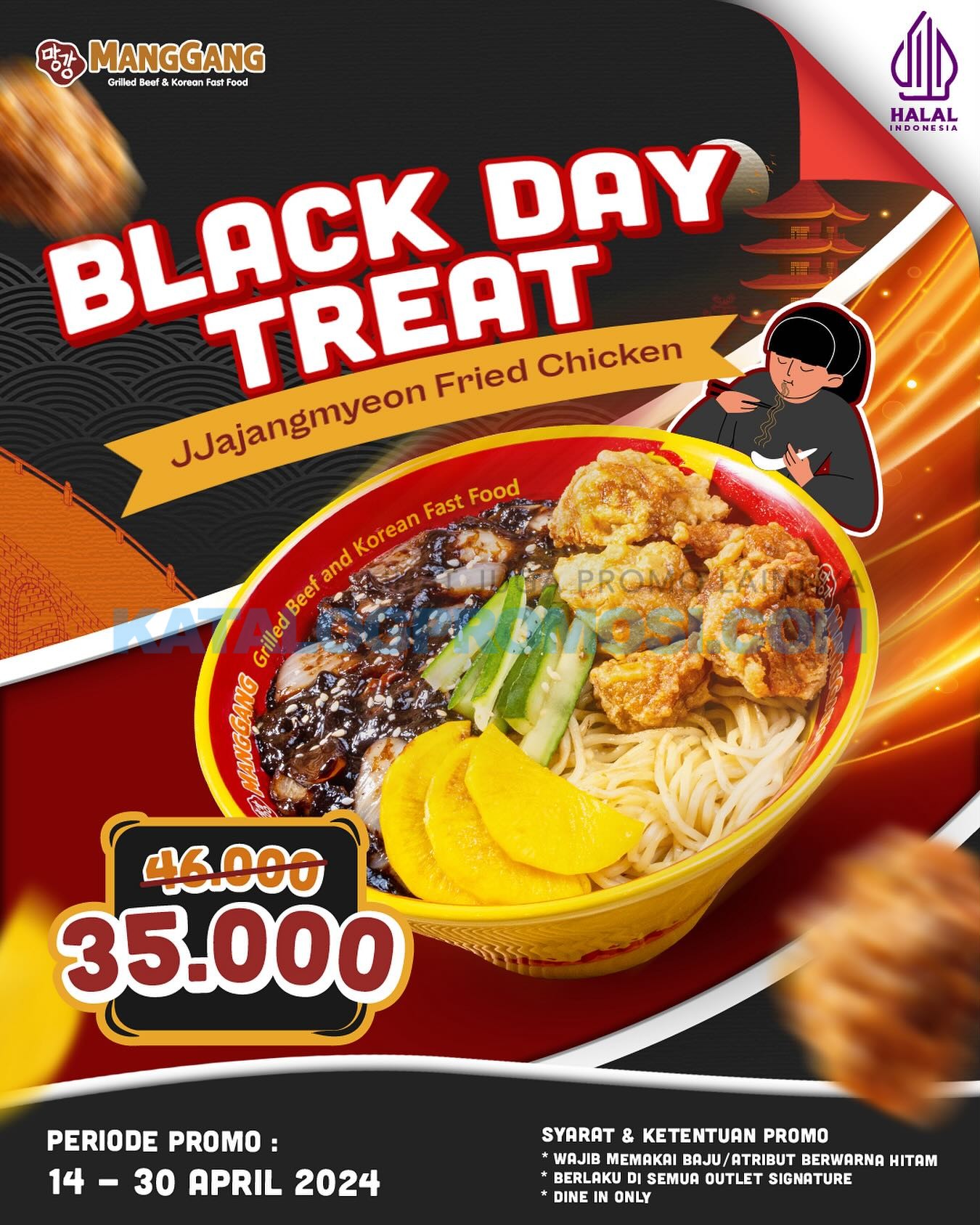 Promo MangGang BLACK DAY TREAT! Jjajangmyeon Fried Chicken cuma Rp. 35.000 berlaku mulai tanggal 14-30 April 2024