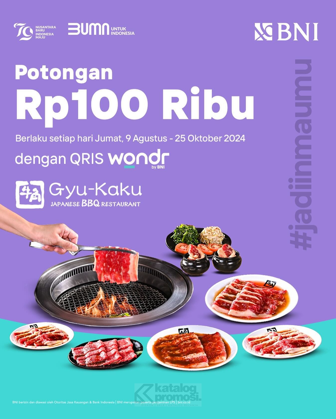 Promo GYUKAKU BNI WONDR DISKON hingga Rp100.000 dengan QRIS wondr by BNI berlaku setiap Jumat, mulai 9 Agustus hingga 25 Oktober 2024.