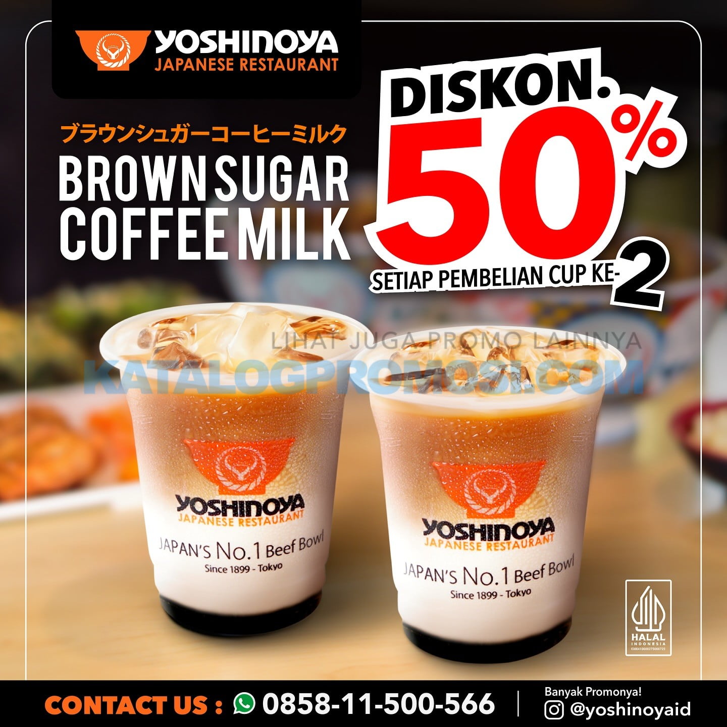 Promo YOSHINOYA Diskon 50% setiap pembelian cup ke-2! Tersedia lewat Dine In, Takeaway, Delivery dan Ojol.