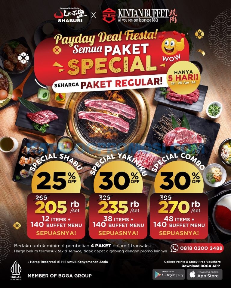 Promo SHABURI dan KINTAN BUFFET PAYDAY - DISKON HINGGA 30% untuk PAKET SPESIAL AYCE berlaku tanggal 22-26 April 2024