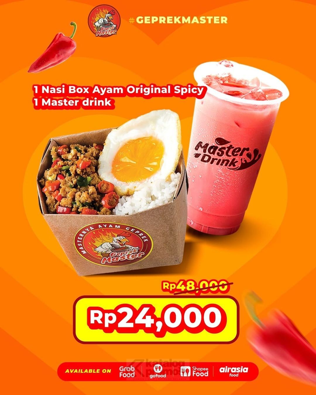 Promo Ayam Geprek Master Paket Nasi Box Ayam Original Spicy + Master Drink hanya Rp. 24.000