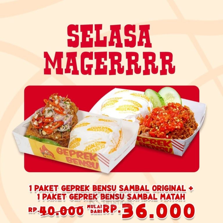 Promo GEPREK BENSU SELASA MAGER - Harga Spesial 2 Paket Geprek Bensu mulai Rp. 36.000