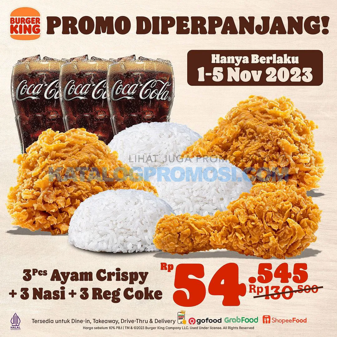 Promo BURGER KING AWAL BULAN - Harga Spesial 3pcs Ayam Crispy + 3 Nasi + 3 Reg Coke cuma Rp. 54.545